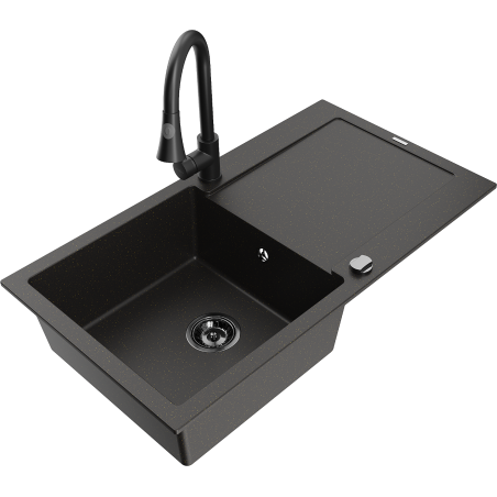 Mexen Leo granīta izlietne ar vienu nodalījumu ar noteci un virtuves jaucējkrānu Elia, melna/zeltīta metālika