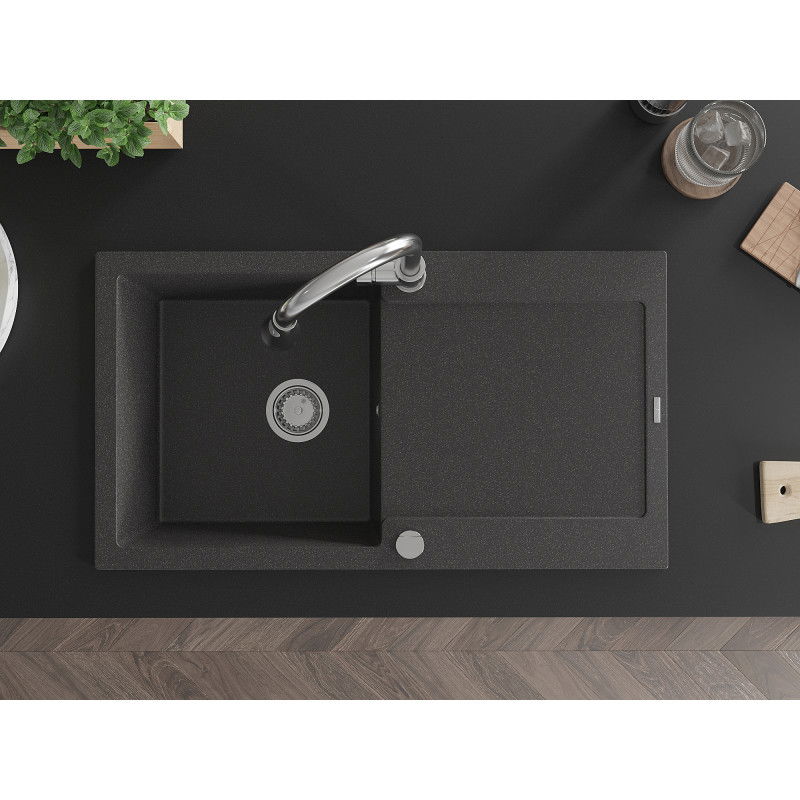 Mexen Leo 1-bowl granite sink with drainer and Elia kitchen tap, black speckled - 6501-76-670101-00