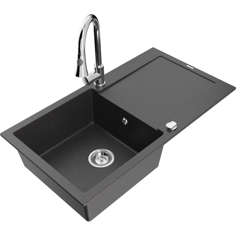 Mexen Leo fregadero de granito de 1 seno con escurridor y grifo de cocina Elia, negro moteado - 6501-76-670101-00