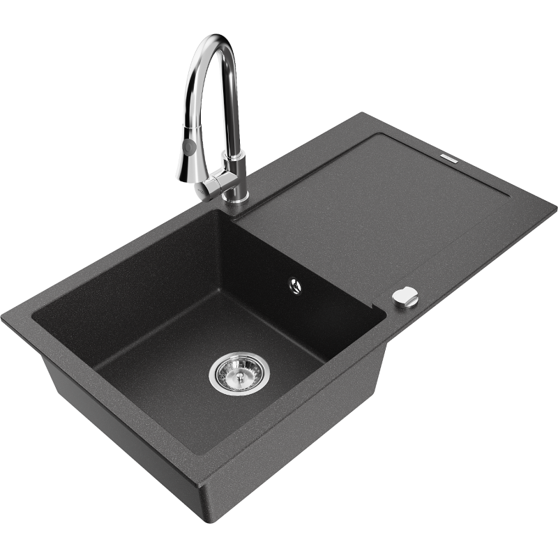 Mexen Leo lavello in granito 1-vasca con scolapiatti e miscelatore cucina Elia, nero maculato - 6501-76-670101-00