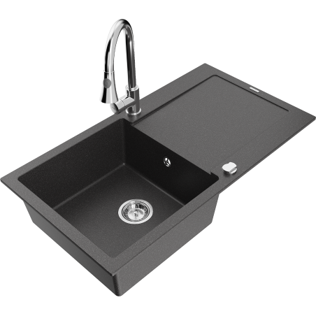 Mexen Leo fregadero de granito de 1 seno con escurridor y grifo de cocina Elia, negro moteado - 6501-76-670101-00