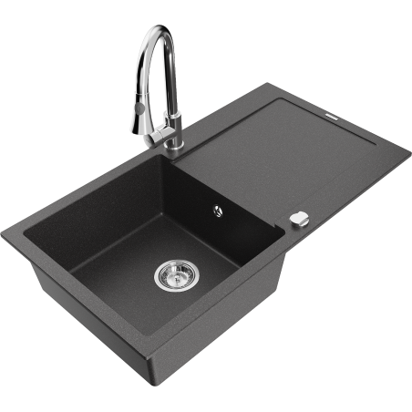 Mexen Leo granīta izlietne ar vienu nodalījumu ar notecētāju un virtuves krānu Elia, melna ar plankumiem - 6501-76-670101-00