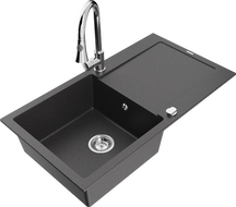 Mexen Leo fregadero de granito de 1 seno con escurridor y grifo de cocina Elia, negro moteado - 6501-76-670101-00