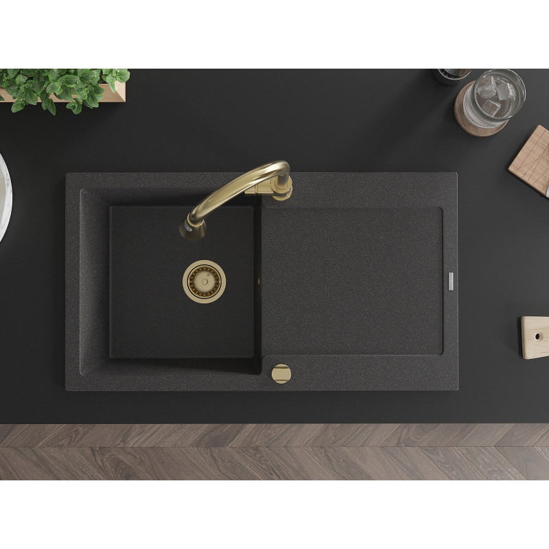 Mexen Leo fregadero de granito de 1 cubeta con escurridor y grifo de cocina Elia, negro moteado - 6501-76-670101-50