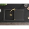 Mexen Leo viena nodalījuma granīta izlietne ar noteku un virtuves jaucējkrānu Elia, melns ar plankumiem - 6501-76-670101-50