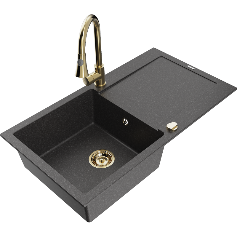 Mexen Leo fregadero de granito 1-cubeta con escurridor y grifo de cocina Elia, negro moteado - 6501-76-670101-50