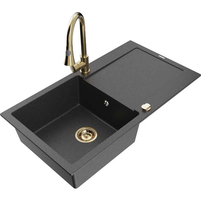 Mexen Leo lavello in granito a 1 vasca con sgocciolatoio e miscelatore cucina Elia, nero maculato - 6501-76-670101-50