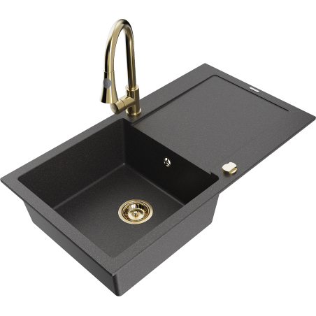 Mexen Leo fregadero de granito de 1 senq con escurridor y grifo de cocina Elia, negro moteado - 6501-76-670101-50
