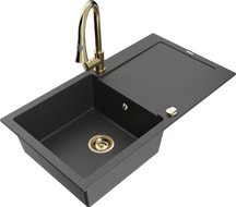 Mexen Leo fregadero de granito 1-cubeta con escurridor y grifo de cocina Elia, negro moteado - 6501-76-670101-50