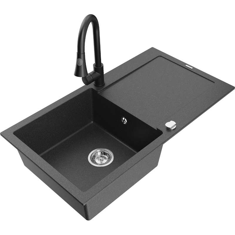 Mexen Leo granite kitchen sink 1-bowl with drainer and Elia kitchen tap, black speckled - 6501-76-670101-70