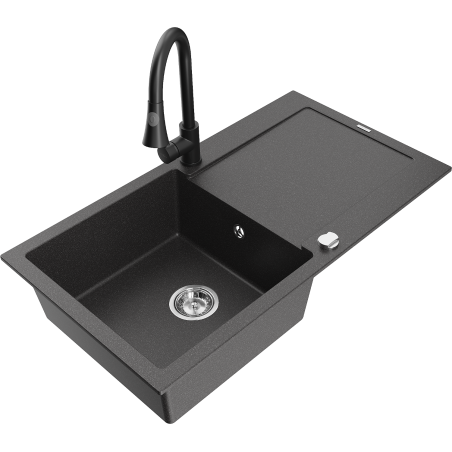 Mexen Leo granite kitchen sink 1-bowl with drainer and Elia kitchen tap, black speckled - 6501-76-670101-70