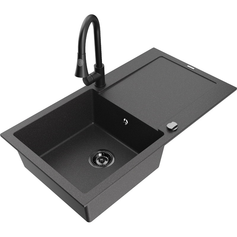 Mexen Leo fregadero de granito de 1 compartimento con escurridor y grifo de cocina Elia, negro salpicado - 6501-76-670101-70-B
