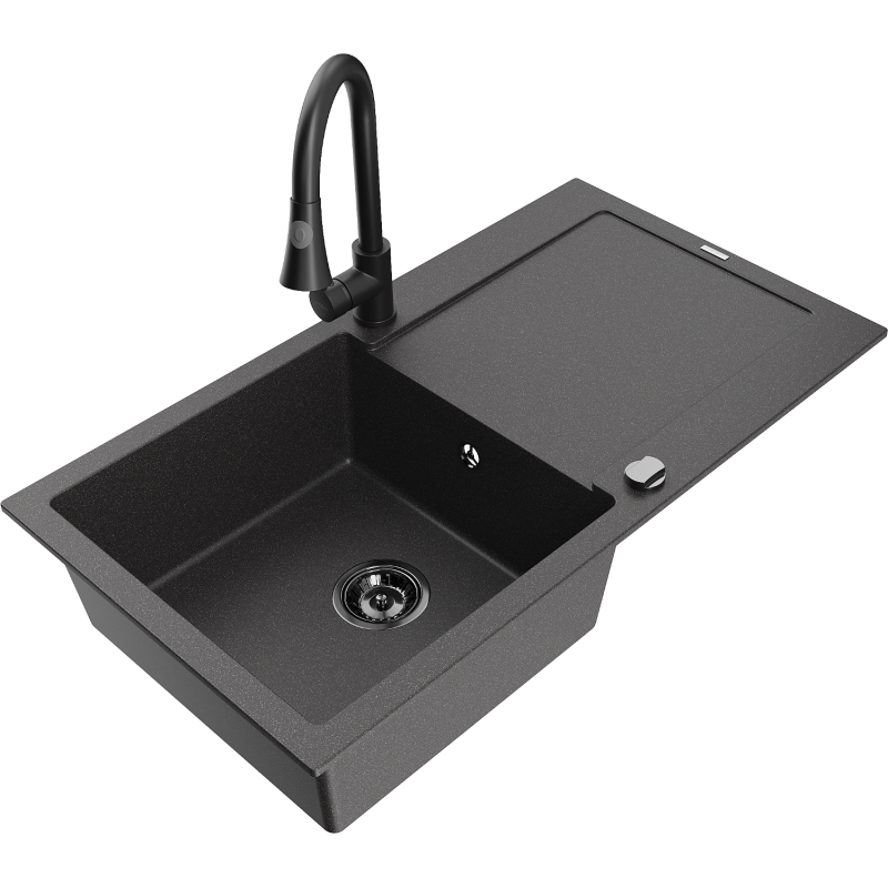 Mexen Leo fregadero de granito de 1 seno con escurridor y grifo de cocina Elia, negro moteado - 6501-76-670101-70-B
