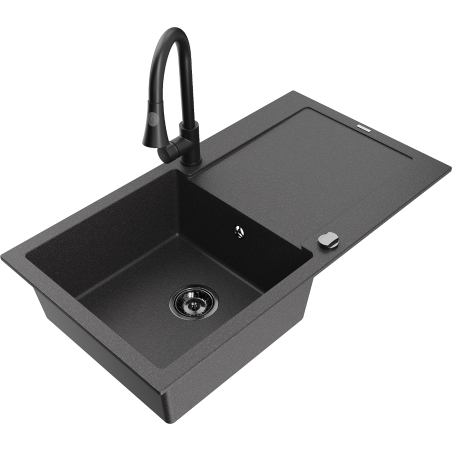 Mexen Leo fregadero de granito de 1 seno con escurridor y grifo de cocina Elia, negro moteado - 6501-76-670101-70-B
