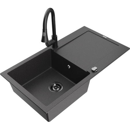 Mexen Leo granitdiskbänk med 1 ho med avrinningsyta och köksblandare Elia, svart med stänk - 6501-76-670101-70-B