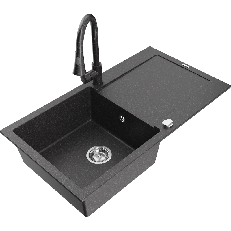 Mexen Leo fregadero de granito de 1 compartimento con escurridor y grifo de cocina Elia, negro moteado - 6501-76-670101-76