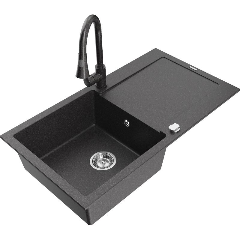 Mexen Leo lava-louça de granito com 1 cuba, escorredor e torneira de cozinha Elia, preto salpicado - 6501-76-670101-76
