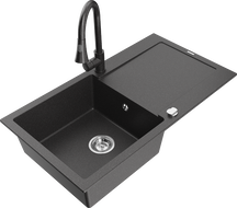 Mexen Leo granite sink 1-bowl with drainer and Elia kitchen tap, black speckled - 6501-76-670101-76