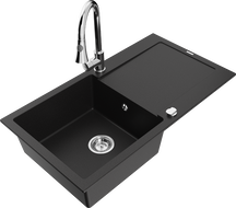 Mexen Leo granite sink 1-bowl with drainer and Elia kitchen tap, black - 6501-77-670101-00