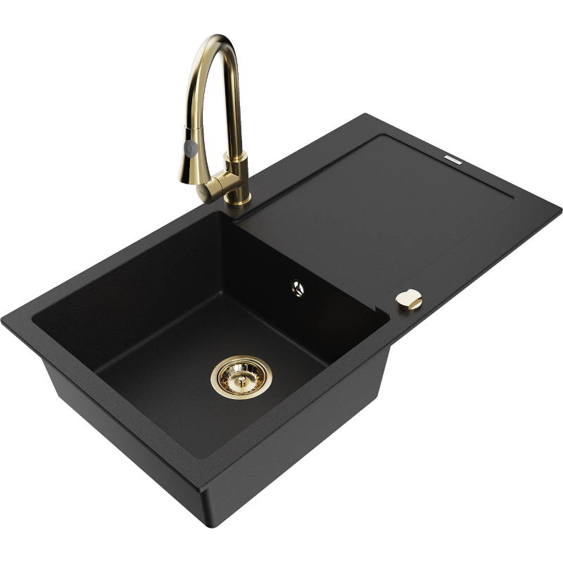 Mexen Leo 1-bowl granite kitchen sink with drainer and Elia tap, black - 6501-77-670101-50