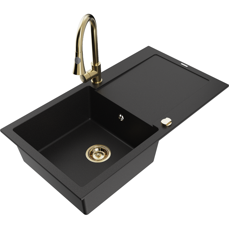 Mexen Leo fregadero de granito de 1 cubeta con escurridor y grifo de cocina Elia, negro - 6501-77-670101-50