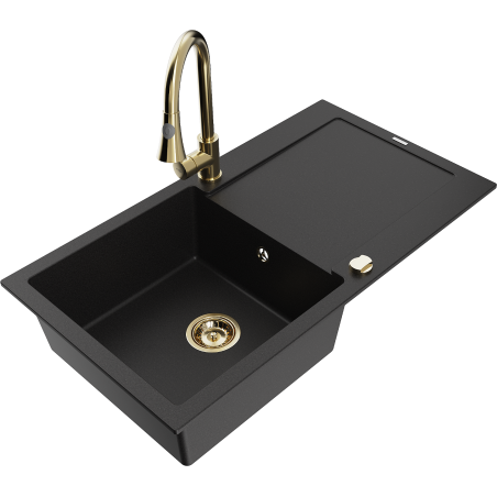 Mexen Leo 1-bowl granite kitchen sink with drainer and Elia tap, black - 6501-77-670101-50