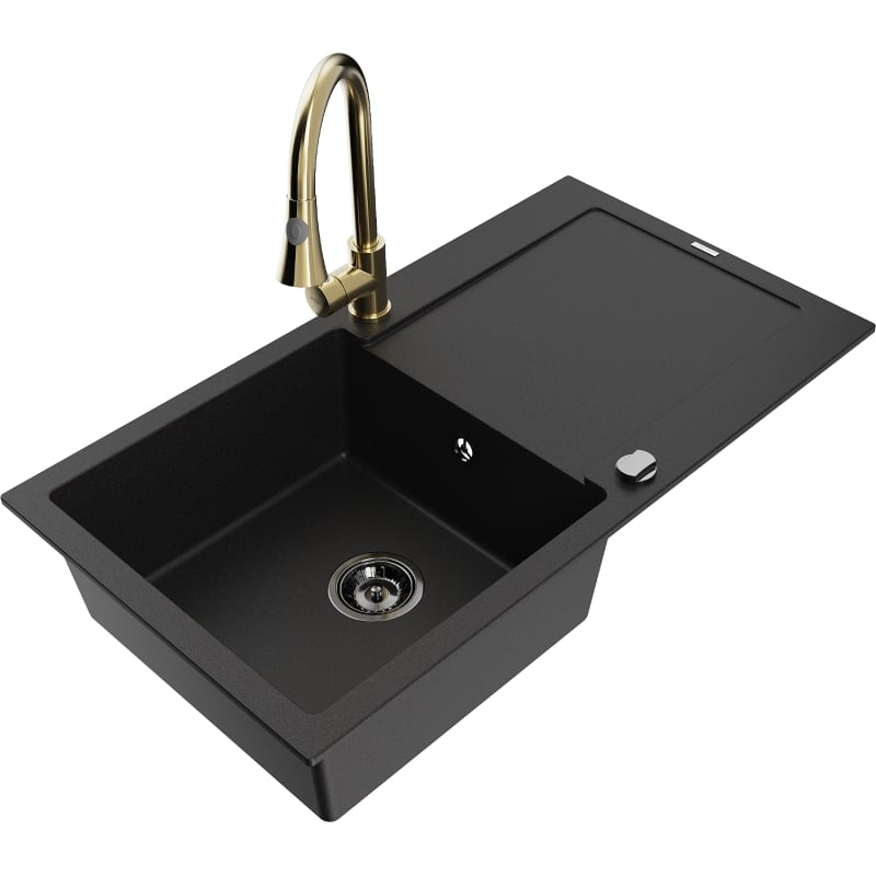 Mexen Leo 1-bowl granite sink with drainer and kitchen faucet Elia, black - 6501-77-670101-50-B