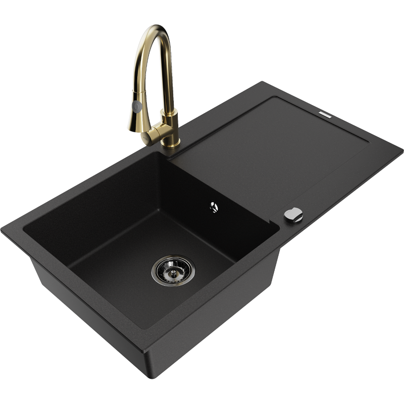 Mexen Leo évier en granit 1 bac avec égouttoir et robinet de cuisine Elia, noir - 6501-77-670101-50-B