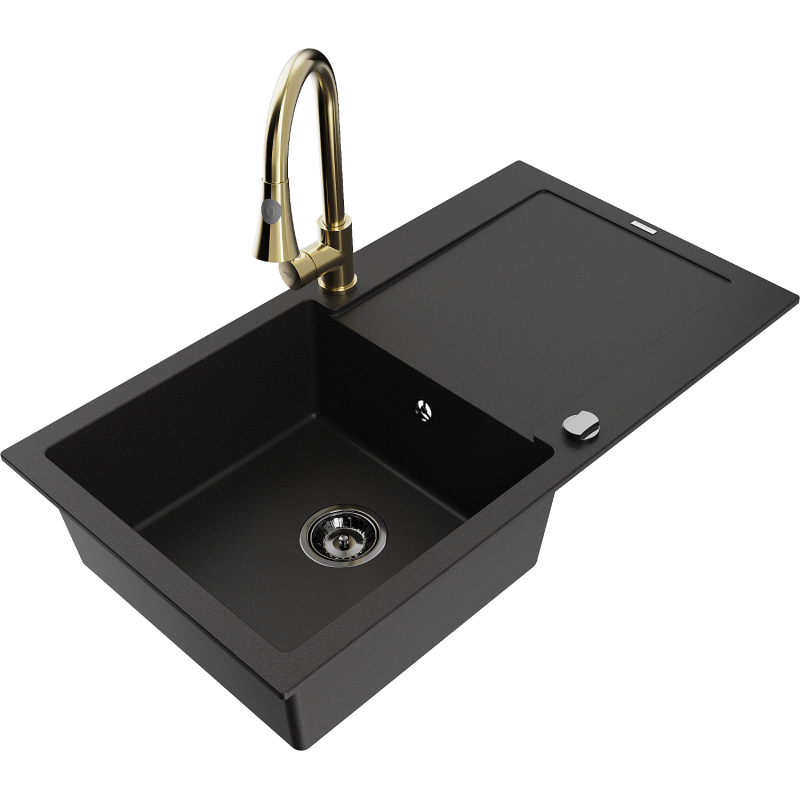 Mexen Leo fregadero de granito de 1 cámara con escurridor y grifo de cocina Elia, negro - 6501-77-670101-50-B