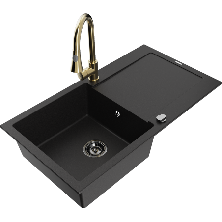Mexen Leo 1-bowl granite sink with drainer and Elia kitchen tap, black - 6501-77-670101-50-B