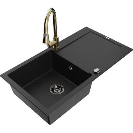 Mexen Leo fregadero de granito de 1 cubeta con escurridor y grifo de cocina Elia, negro - 6501-77-670101-50-B