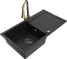 Mexen Leo 1-bowl granite sink with drainer and Elia kitchen tap, black - 6501-77-670101-50-B