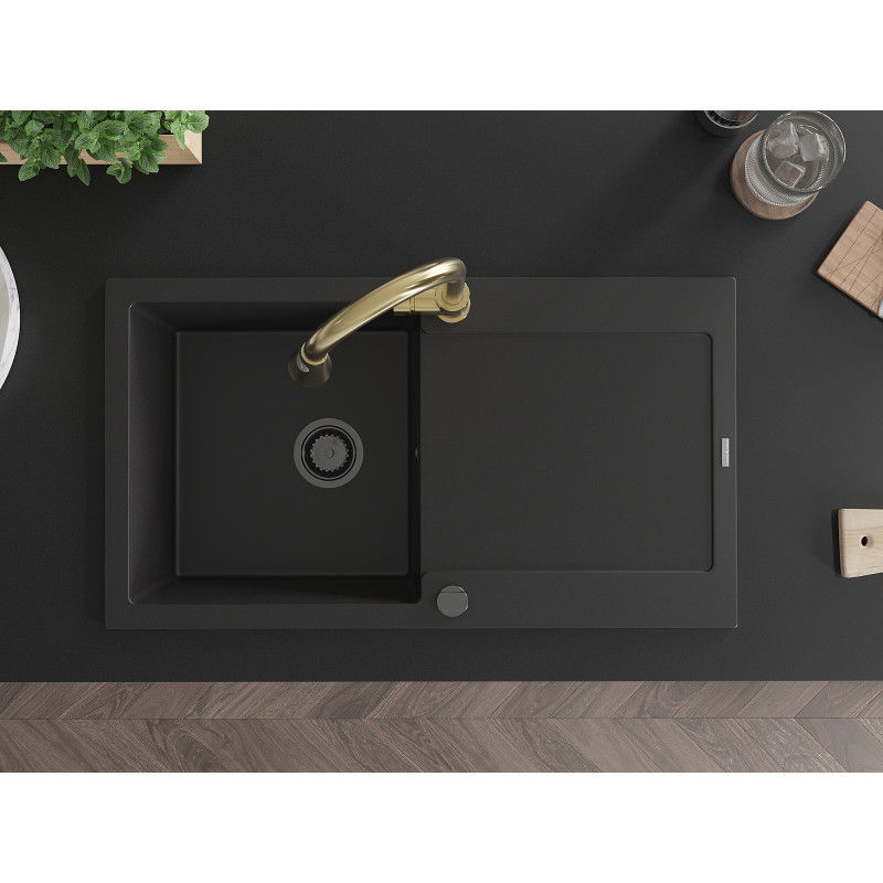Mexen Leo fregadero de granito de 1 cámara con escurridor y grifo de cocina Elia, negro - 6501-77-670101-50-B