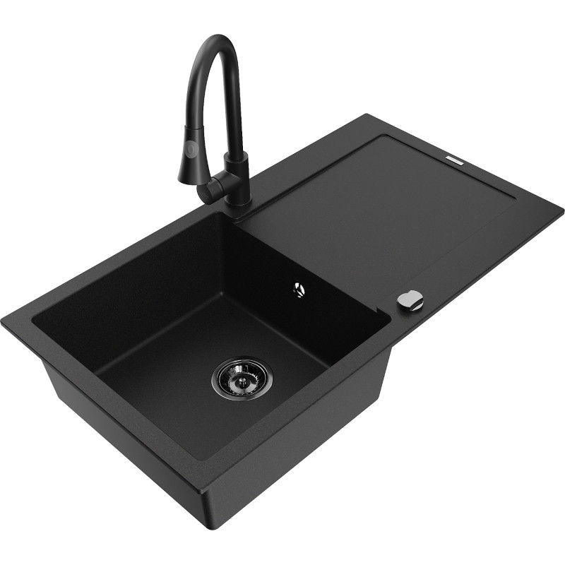 Mexen Leo granieten spoelbak 1-komor met afdruiprek en keukenmengkraan Elia, zwart - 6501-77-670101-70-B