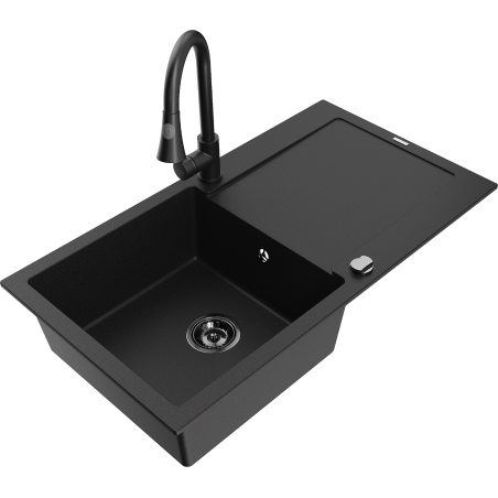 Mexen Leo 1-bowl granite sink with drainer and Elia kitchen faucet, black - 6501-77-670101-70-B