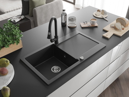 Mexen Leo 1-bowl granite sink with drainer and Elia kitchen tap, black - 6501-77-670101-70