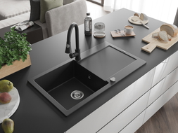 Mexen Leo 1-bowl granite sink with drainer and kitchen faucet Elia, black - 6501-77-670101-70