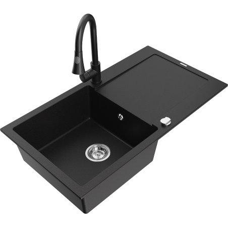 Mexen Leo évier en granit 1 cuve avec égouttoir et robinet de cuisine Elia, noir - 6501-77-670101-70