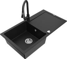 Mexen Leo fregadero de granito de 1 cubeta con escurridor y grifo de cocina Elia, negro - 6501-77-670101-70