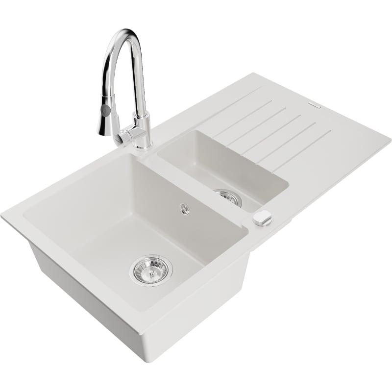 Mexen Matias 1.5-bowl granite sink with drainer and Elia kitchen faucet, white - 6502-20-670101-00
