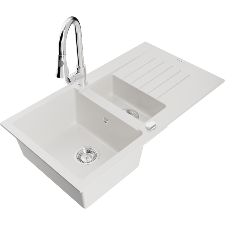 Mexen Matias fregadero de granito de 1,5 senos con escurridor y grifo de cocina Elia, blanco - 6502-20-670101-00