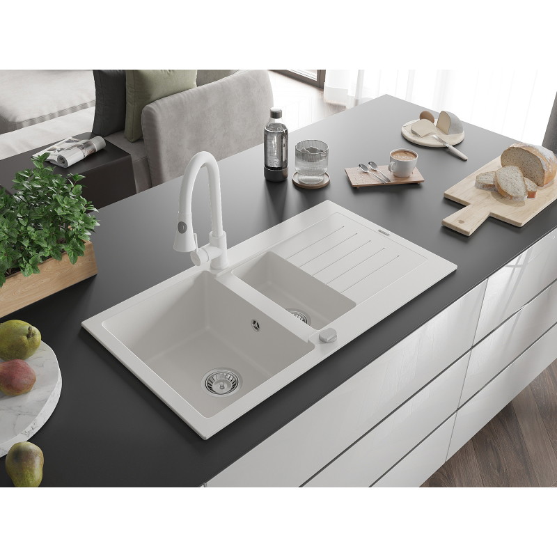 Mexen Matias fregadero de granito de 1,5 compartimentos con escurridor y grifo de cocina Elia, blanco - 6502-20-670101-20