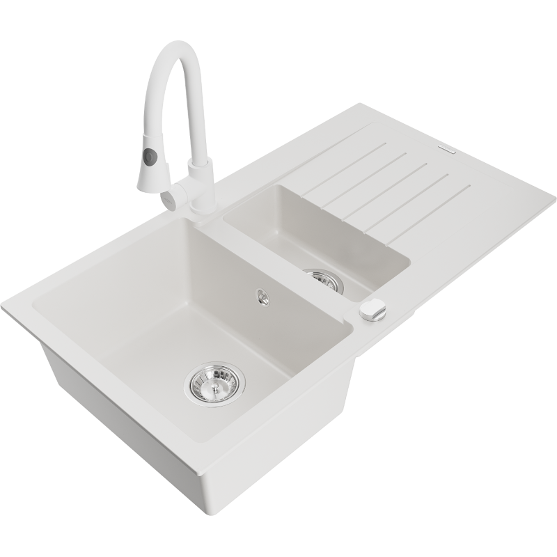 Mexen Matias fregadero de granito 1,5 senos con escurridor y grifo de cocina Elia, blanco - 6502-20-670101-20