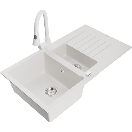 Mexen Matias fregadero de granito 1,5 senos con escurridor y grifo de cocina Elia, blanco - 6502-20-670101-20