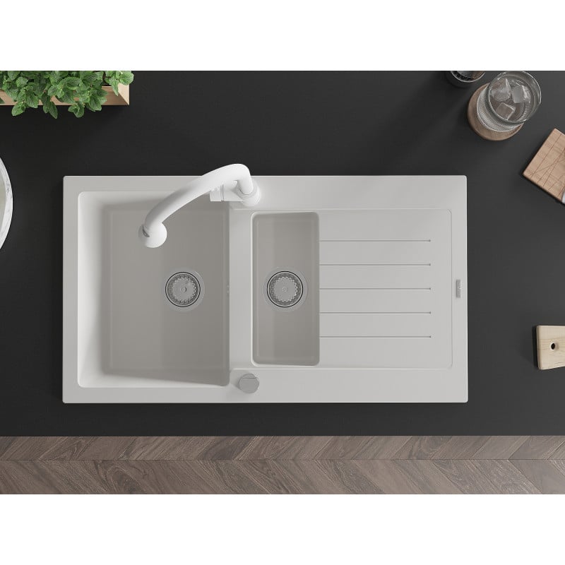 Mexen Matias fregadero de granito 1,5 senos con escurridor y grifo de cocina Elia, blanco - 6502-20-670101-20