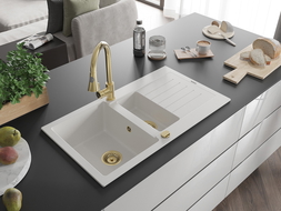Mexen Matias 1.5-bowl granite sink with drainer and Elia kitchen tap, white - 6502-20-670101-50