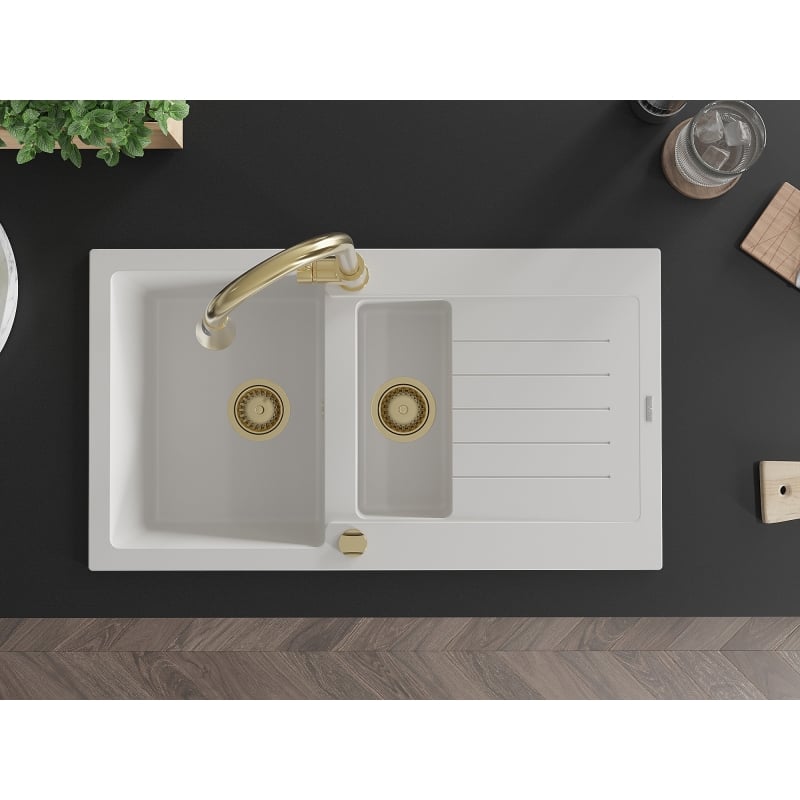Mexen Matias granite kitchen sink 1.5 bowl with drainer and Elia faucet, white - 6502-20-670101-50