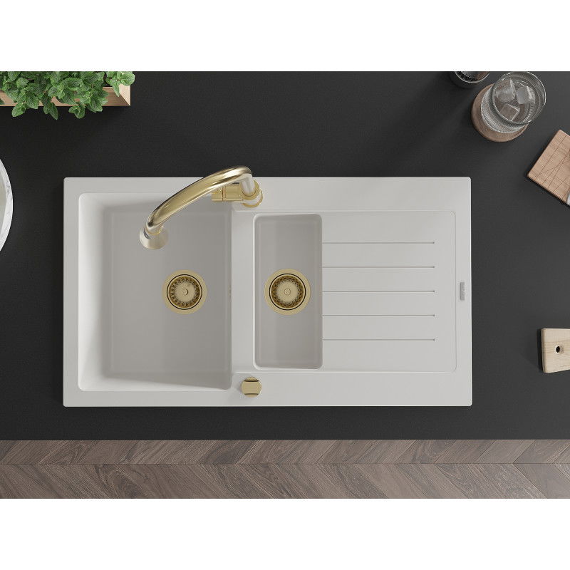 Mexen Matias zlewozmywak granitowy 1,5-komorowy z ociekaczem i baterią kuchenną Elia, biały - 6502-20-670101-50