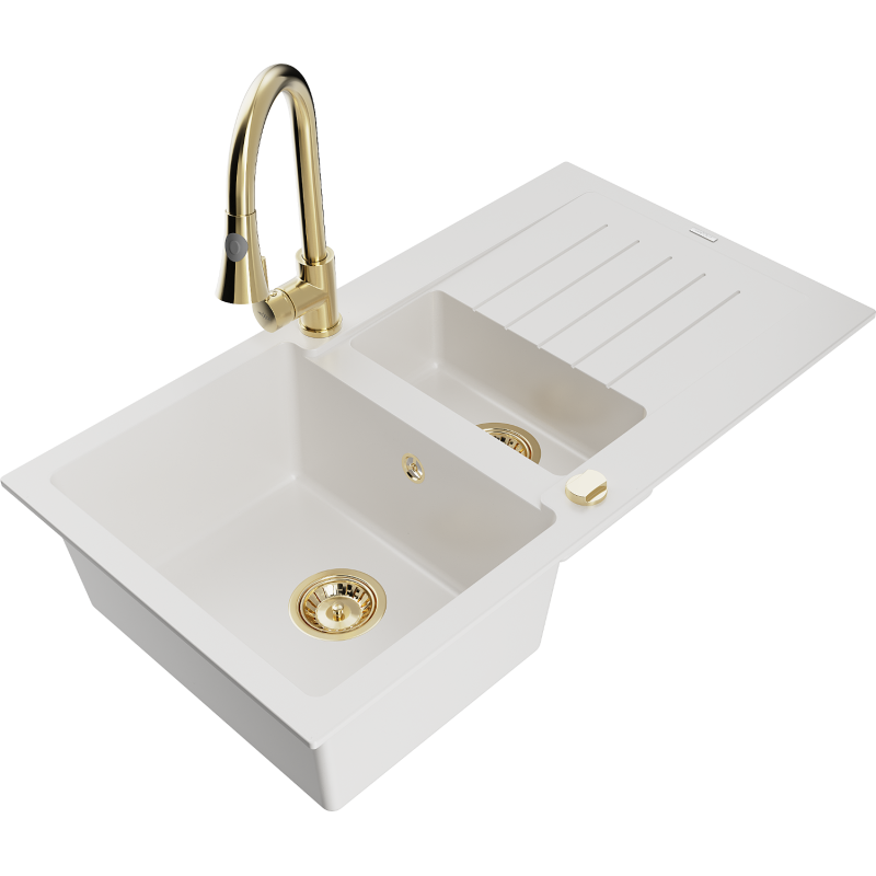 Mexen Matias fregadero de granito 1,5 senos con escurridor y grifo de cocina Elia, blanco - 6502-20-670101-50