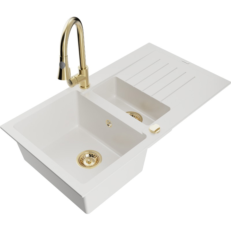 Mexen Matias fregadero de granito de 1,5 cubetas con escurridor y grifo de cocina Elia, blanco - 6502-20-670101-50